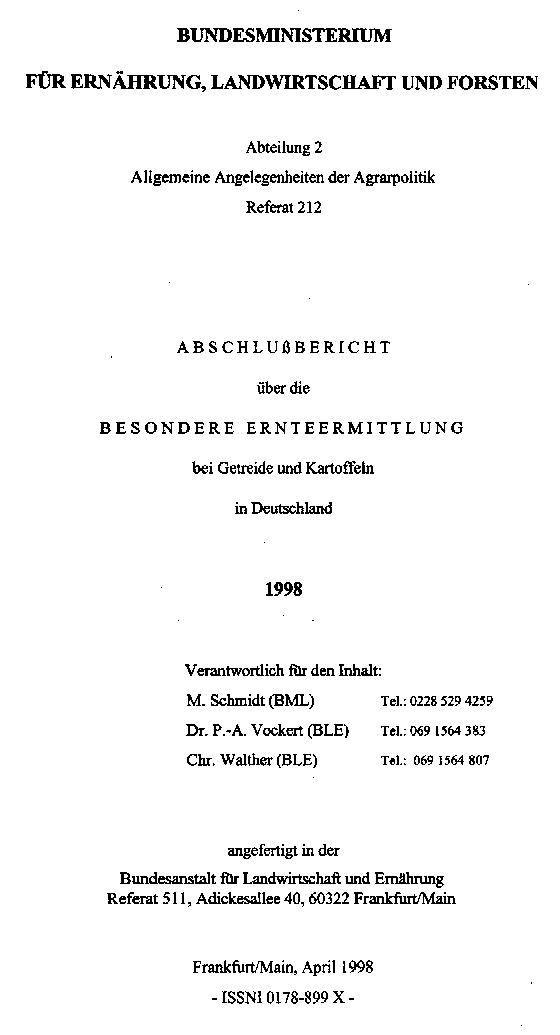 Deckblatt eines Abschlussberichtes über die Besondere Ernteermittlung bei Getreide und Kartoffeln in Deutschland