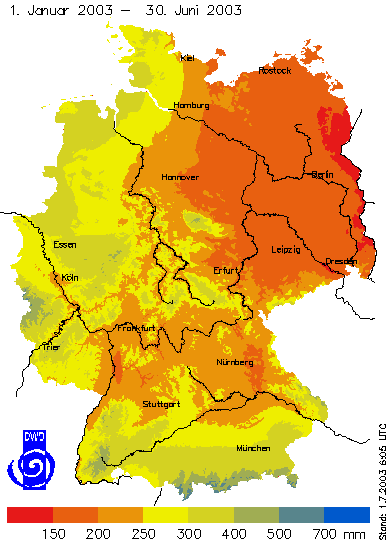 Deutschlandkarte, Niederschläge, erstes Halbjahr 2003, Quelle: DWD, Offenbach
