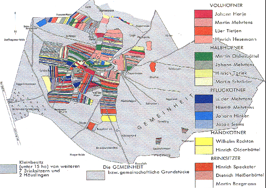 Eine typische Gemeindegemarkung in der Geest vor der Verkoppelung 1839 - 1855 (Albstedt, Kreis Cuxhaven).