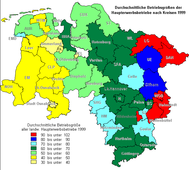 Die Verteilung der durchschnittlichen Betriebsgrößen der Hauperwerbsbetriebe 1999 im Land