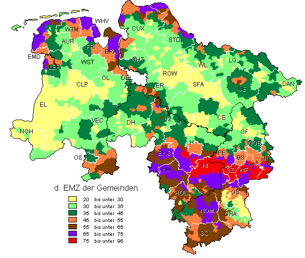 Die Verteilung der guten und schlechten Böden im Land