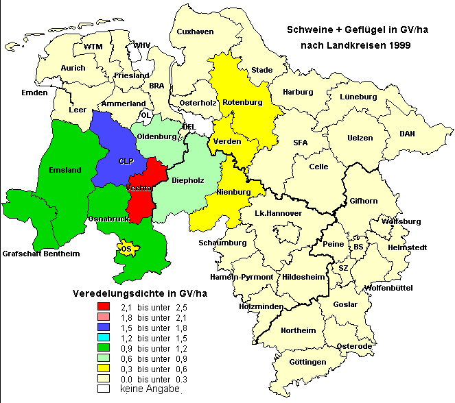 Verteilung der Scheine- und Geflügelbestände 1999